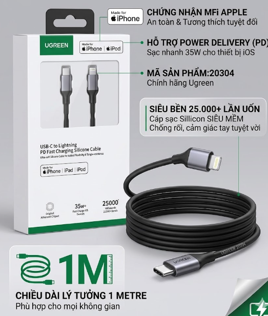 Cáp Sạc USB-C to Lightning Silicone Mềm Dẻo Dài 1M UGREEN 20304 - Hỗ Trợ Sạc Nhanh PD Cho iPhone/iPad
